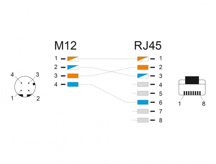 מתאם M12 Cat.5e שקע 4pin D-coded לתקע RJ45 אורך 50 ס"מ - delock.israel