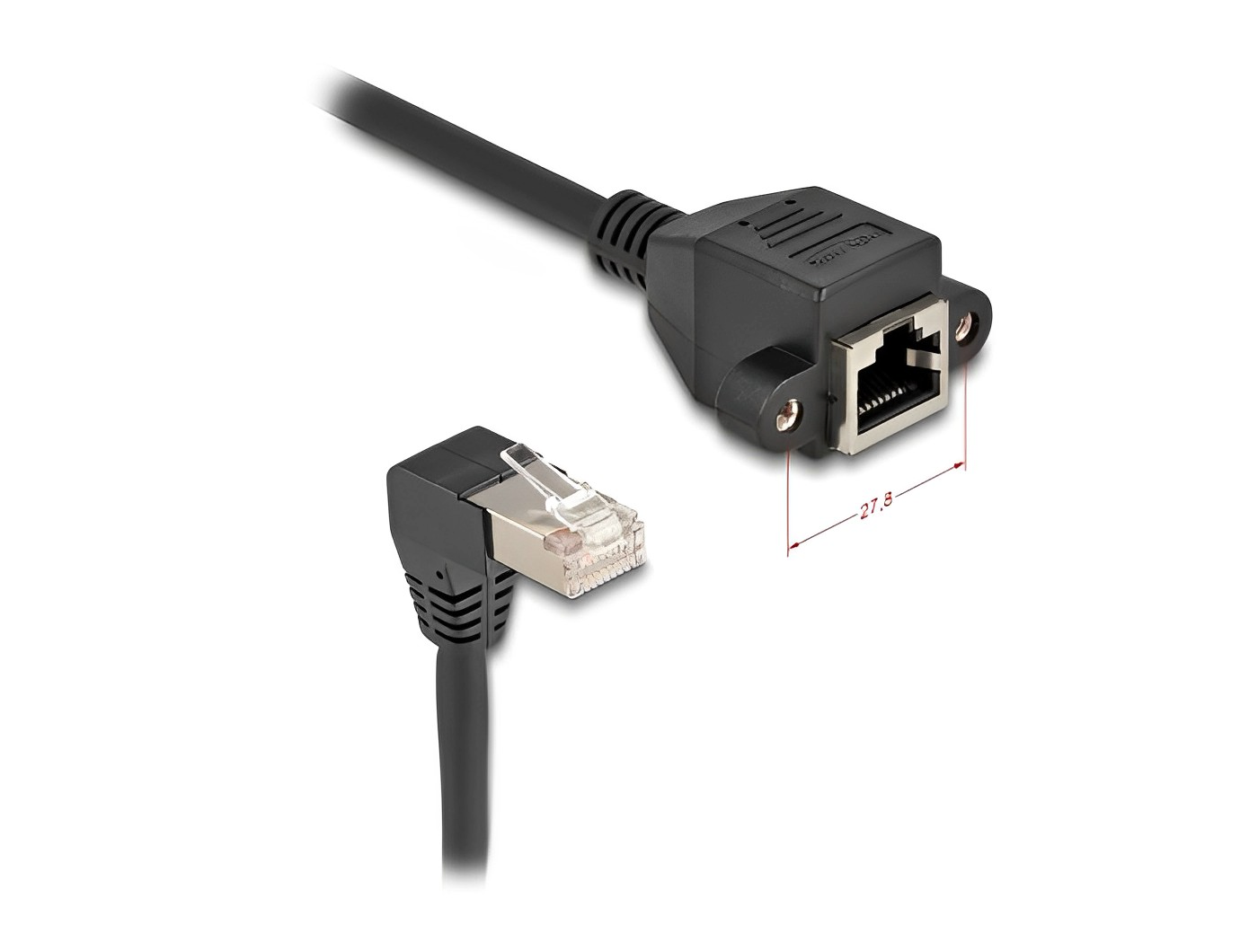 Delock Network Extension Cable S/FTP RJ45 plug 90° angled to RJ45 built-in jack Cat.6A black- delock.israel
