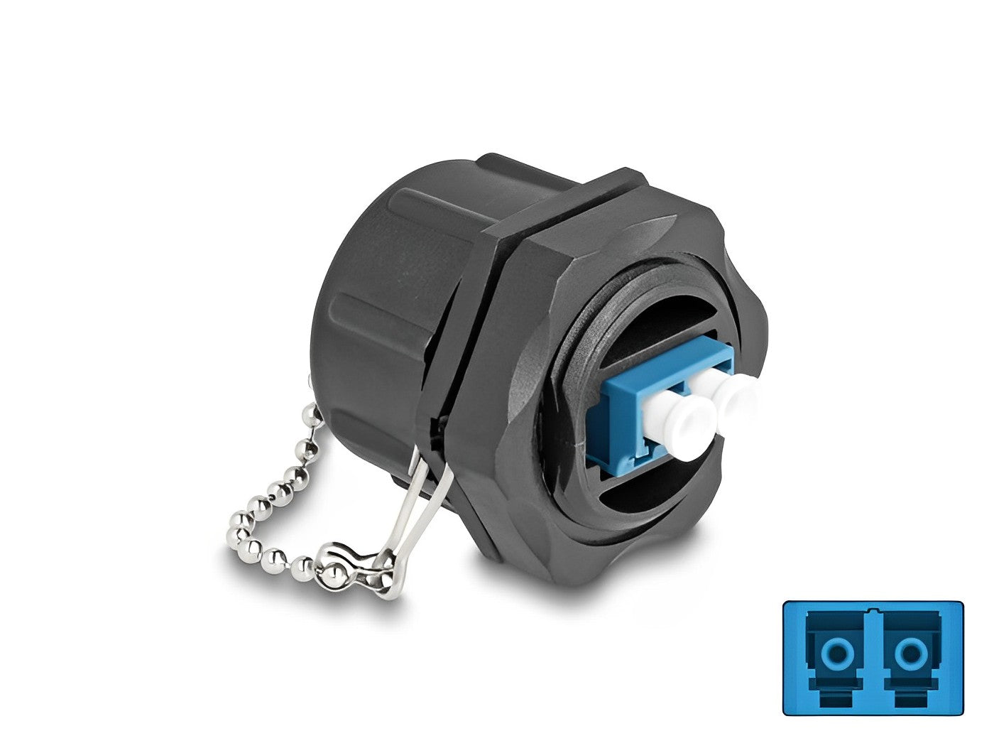 מופה אופטי סינגל מוד LC Duplex - LC Duplex נ/נ להתקנה בקדח עגול 25.2 מ"מ עם מכסה אטום נגד אבק ומים IP68 - delock.israel