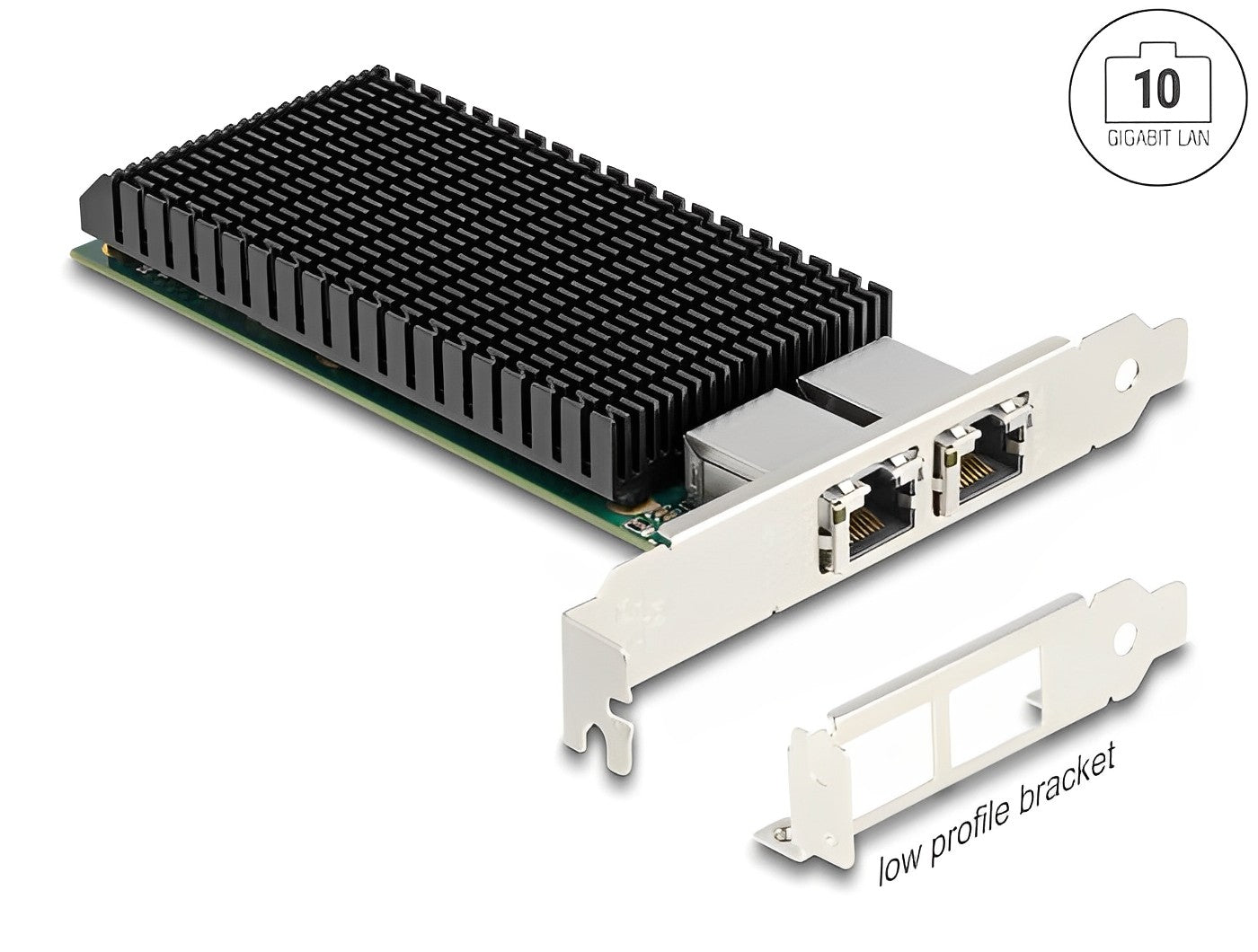 כרטיס רשת קווי Delock PCIe x8 Low profile עם 2 יציאות RJ45 במהירות 10 ג'יגה-ביט צ'יפ אינטל X540