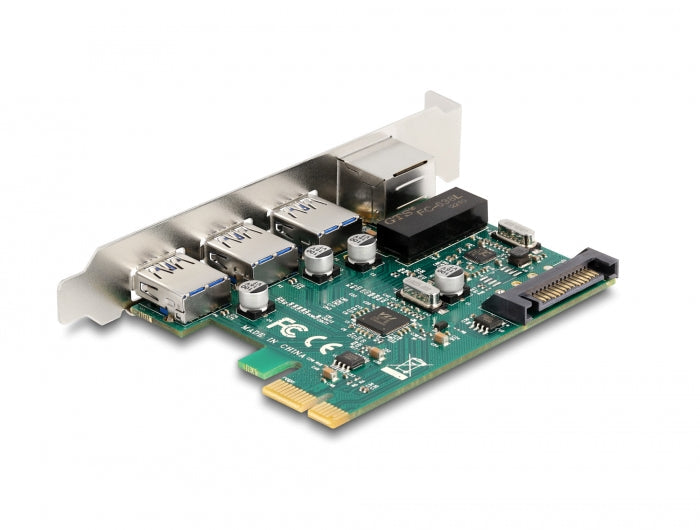 כרטיס PCIe x1 USB 5Gbps עם 3 יציאות USB-A + יציאת רשת RJ45 - delock.israel