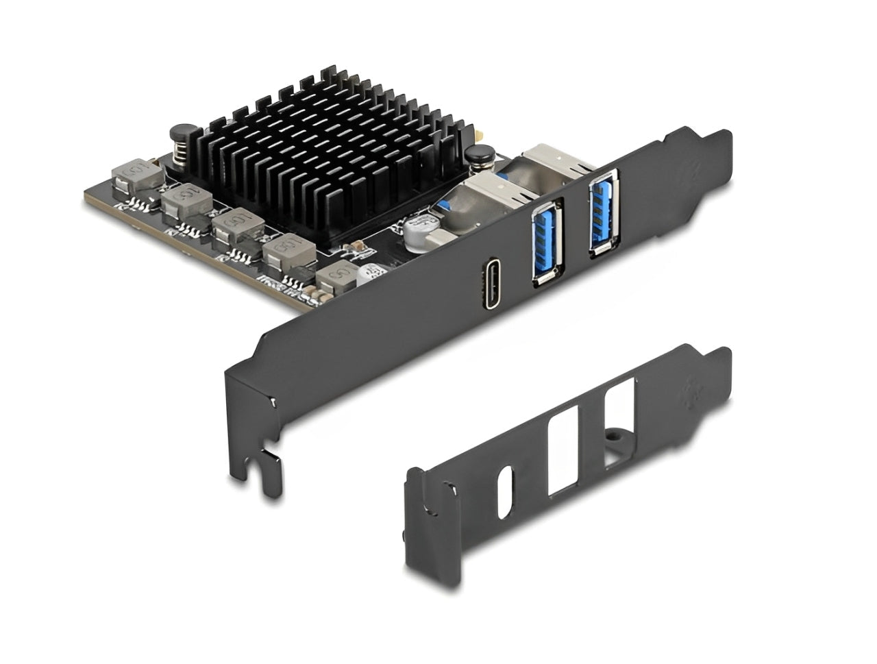 כרטיס PCI Express x4 מציה יציאת USB Type-C במהירות 20 ג'יגה-ביט ו-2 יציאות USB Type-A במהירות 10 ג'יגה-ביט לשנייה