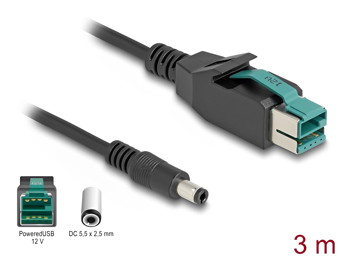 כבל USB עבור מדפסות קופה ומסופים תקע PoweredUSB 12V לתקע DC 5.5x2.5 - delock.israel