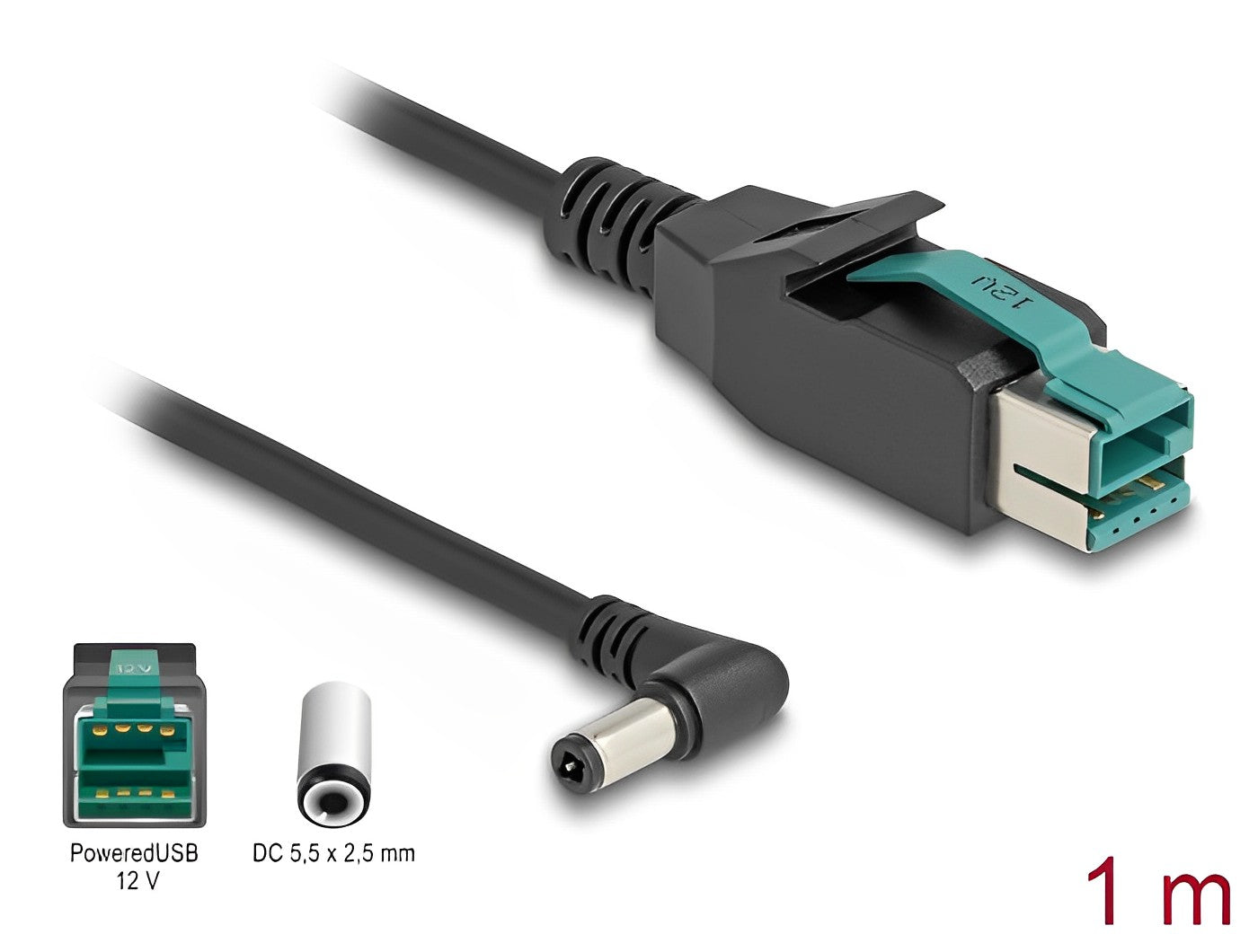 כבל USB עבור מדפסות קופה ומסופים תקע PoweredUSB 12V לתקע DC 5.5x2.5 בזווית 90° - delock.israel