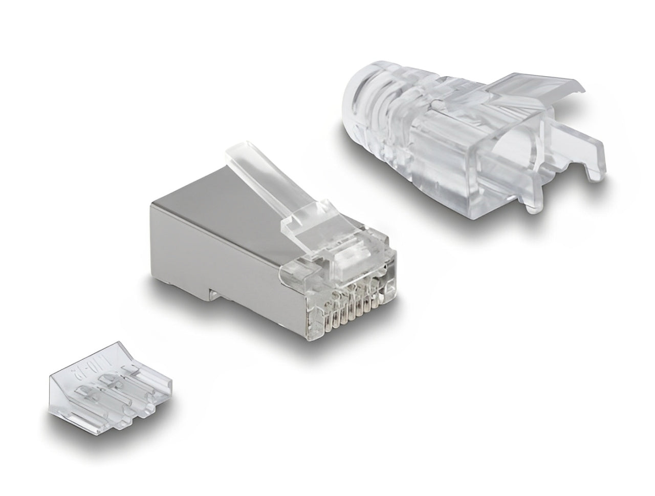סט מחברי RJ45 מודולריים איכותיים ומסוככים (Shielded) מבית Delock גרמניה עם מובילים וכיסוים גומי המתאימים להתקנה אופטימלית של כבלים רשת Cat.6A  
- delock.israel