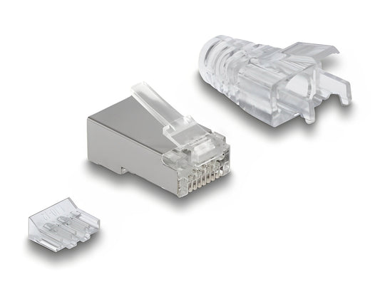 סט מחברי RJ45 מודולריים איכותיים ומסוככים (Shielded) מבית Delock גרמניה עם מובילים וכיסוים גומי המתאימים להתקנה אופטימלית של כבלים רשת Cat.6A  
- delock.israel