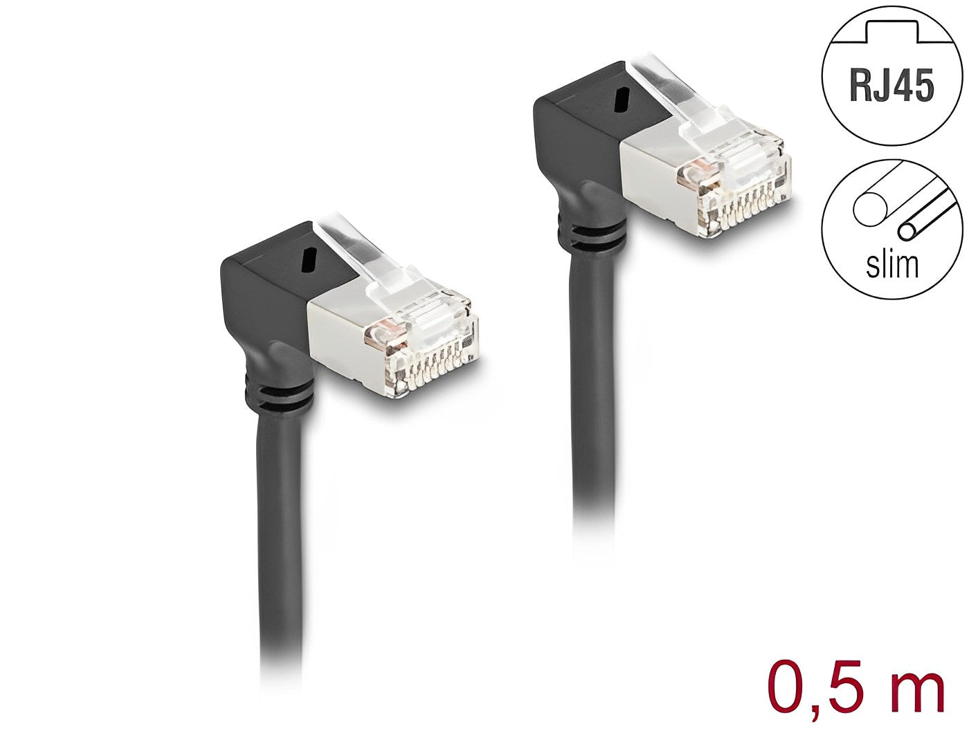 כבל רשת מסוכך RJ45 Cat.6A S/FTP Slim ז/ז שני צדדים בזווית 90° למטה - delock.israel