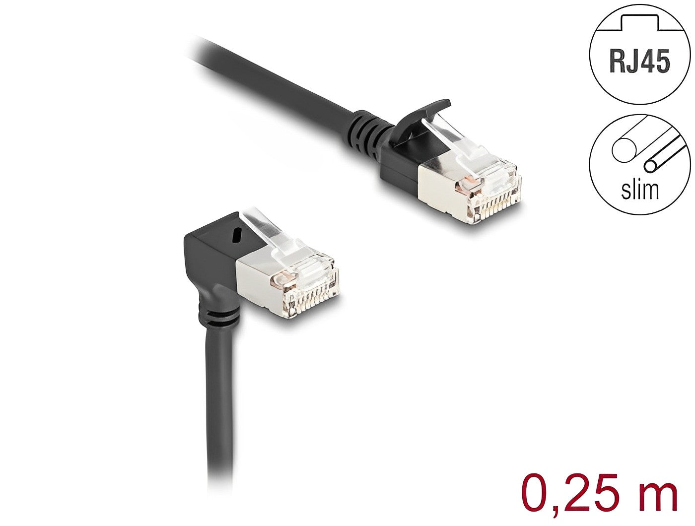 כבל רשת מסוכך RJ45 Cat.6A S/FTP Slim ז/ז צד אחד בזווית 90° למטה - delock.israel
