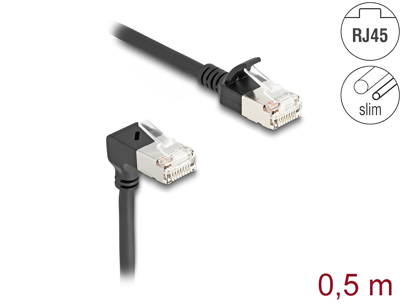 כבל רשת מסוכך RJ45 Cat.6A S/FTP Slim ז/ז צד אחד בזווית 90° למטה - delock.israel