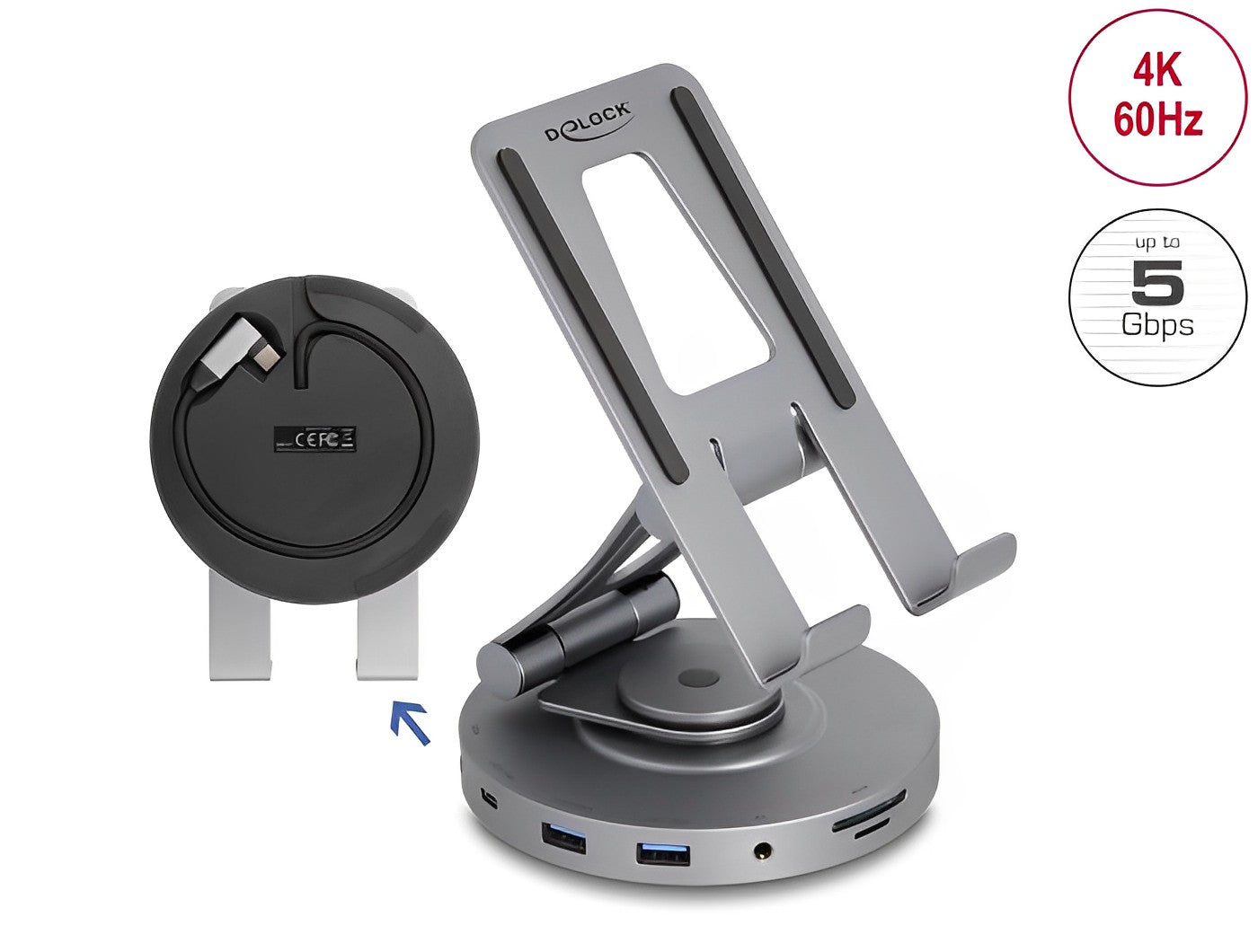 תחנת עגינה USB-C 4K עבור טאבלט ומחשב נייד משולבת עם מעמד מסתובב 360° - delock.israel
