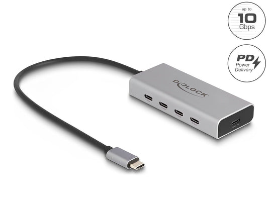 מפצל USB-C 10Gbps PD 85Watt עם 4 יציאות USB-C כולל כבל באורך 30 ס"מ - delock.israel