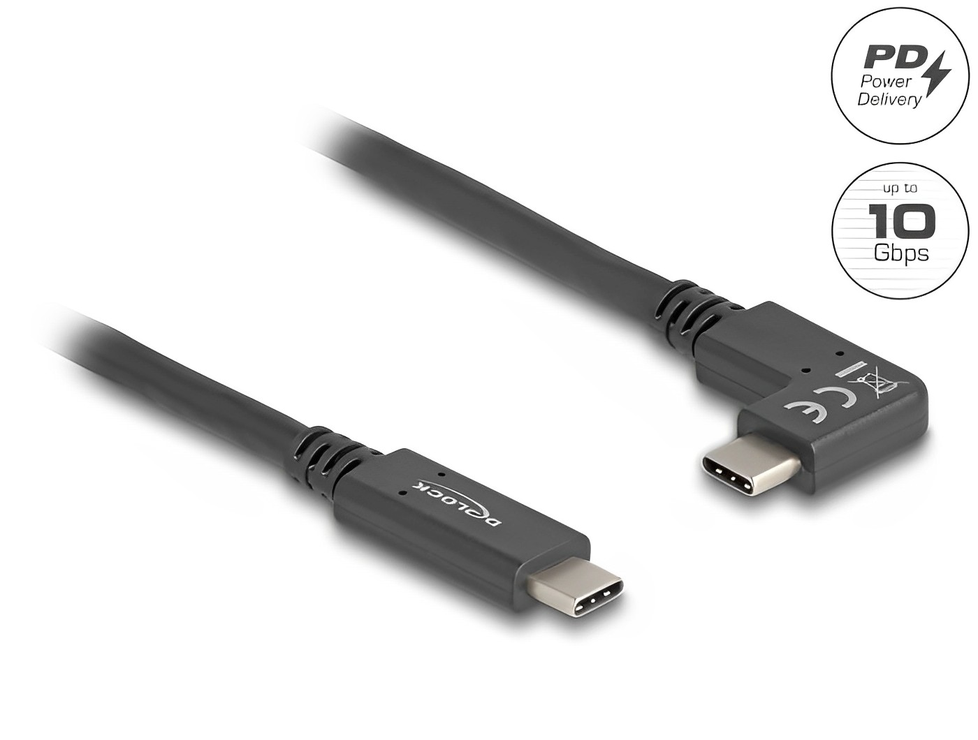 כבל תצוגה ונתונים USB-C 10Gbps 4K HDR ז/ז צד אחד בזווית 90° תומך PD 60W - delock.israel