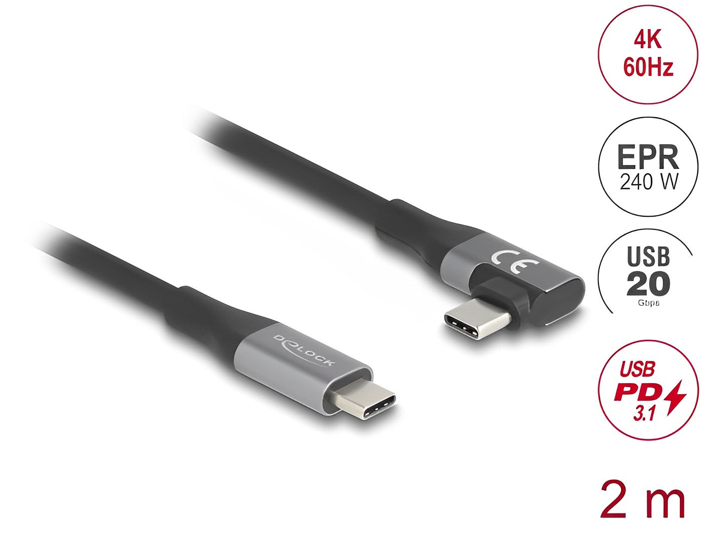 Delock USB 20 Gbps cable angled left / right USB PD 3.1 Extended Power Range 240 W 2 m - delock.israel