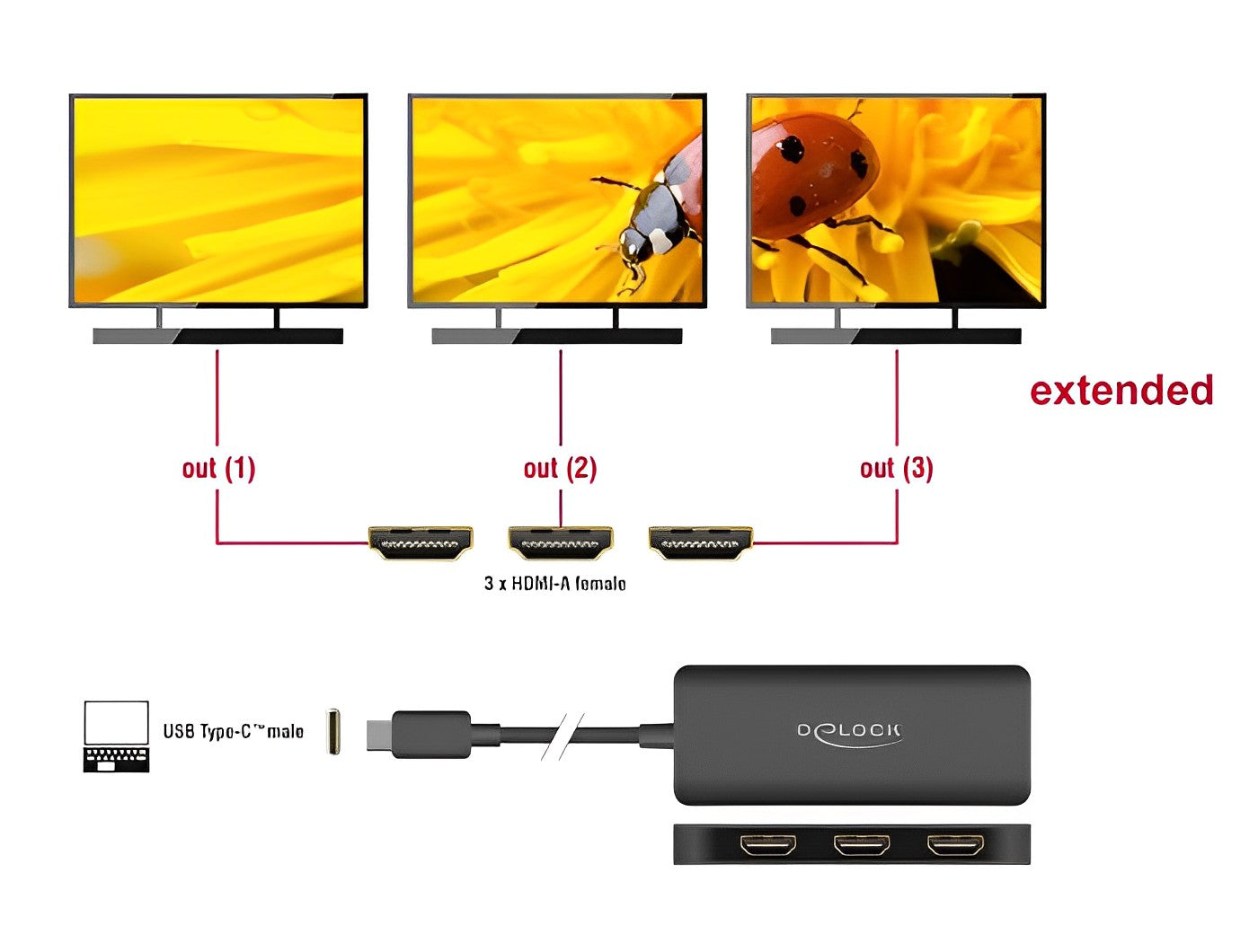 ספליטר USB-C 4K MST לחיבור 3 מסכים HDMI תומך HDR - delock.israel