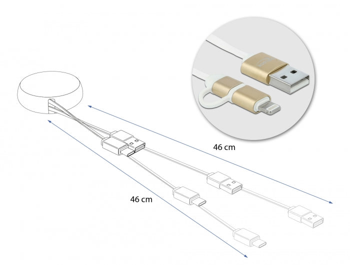 כבל טעינה ונתונים נמתח תקע USB-A לתקעים Lightning / Micro-B אורך 92 ס"מ - delock.israel