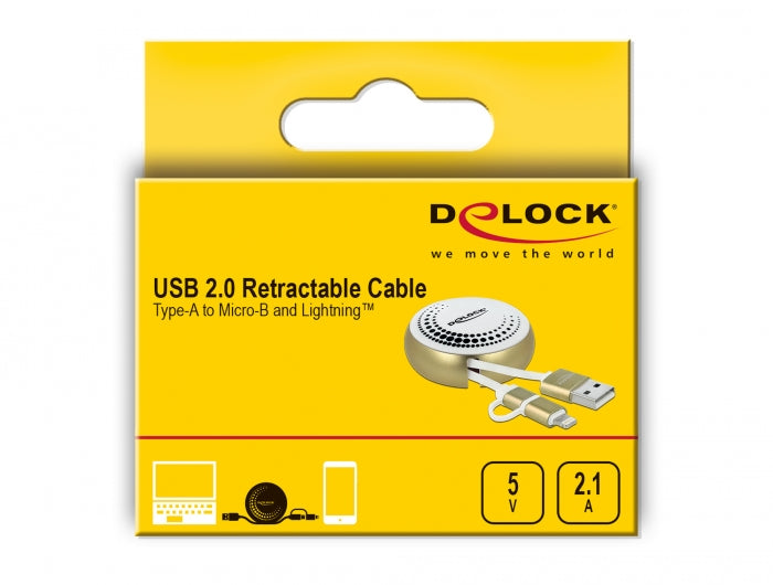 כבל טעינה ונתונים נמתח תקע USB-A לתקעים Lightning / Micro-B אורך 92 ס"מ - delock.israel
