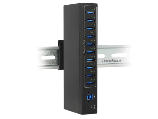 מפצל USB 3.0 5Gbps תעשייתי 10 יציאות Type-A מבית Delock גרמניה כולל תמיכה בטעינה מהירה BC1.2