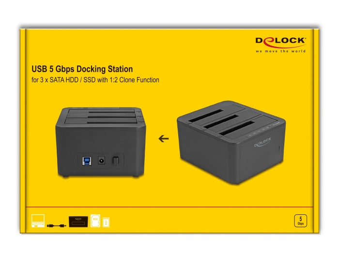 תחנת עגינה USB 5Gbps מבית Delock גרמניה מאפשרת חיבור חיצוני של עד שלושה כוננים בגודל 2.5″ או 3.5″ מסוג SATA HDD / SSD באמצעות ממשק USB, כולל אפשרות להחלפה מהירה של הכוננים (Hot Swap) בקלות וללא כלים