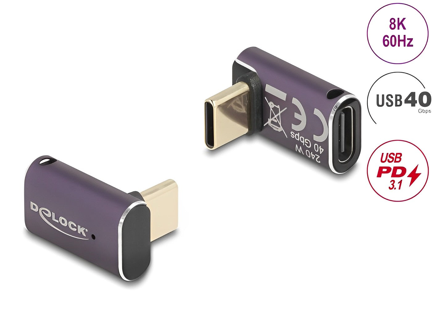 מתאם USB-C 40 Gbps 8K 60 Hz ז/נ בזווית 90° תומך PD 3.1 240 W - delock.israel