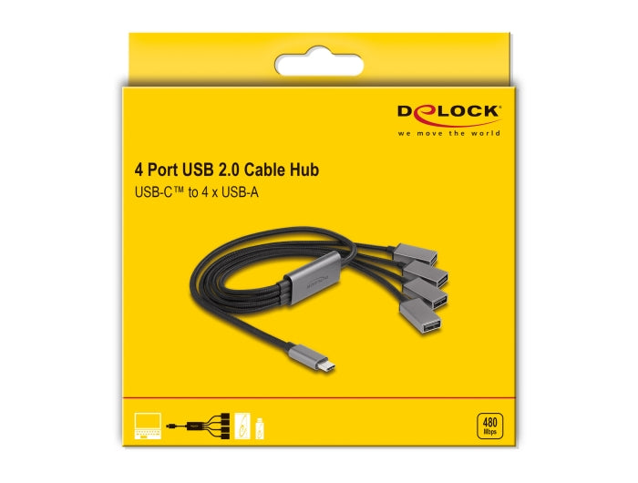 מפצל USB-C 2.0 על כבל עם 4 יציאות USB-A - delock.israel