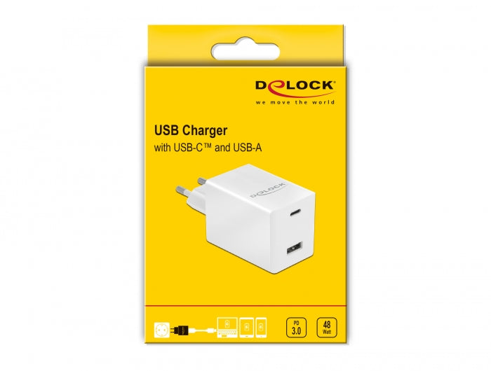 מטען קיר מהיר כפול USB-C/A PD 3.0 48W - delock.israel