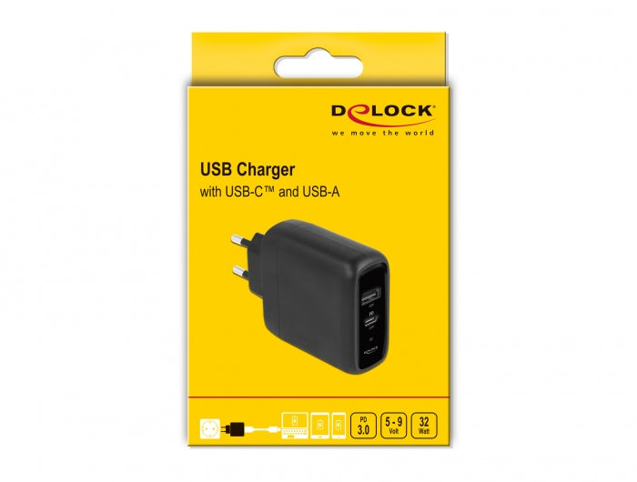 מטען קיר מהיר כפול USB-C/A PD 3.0 20W + 12W - delock.israel