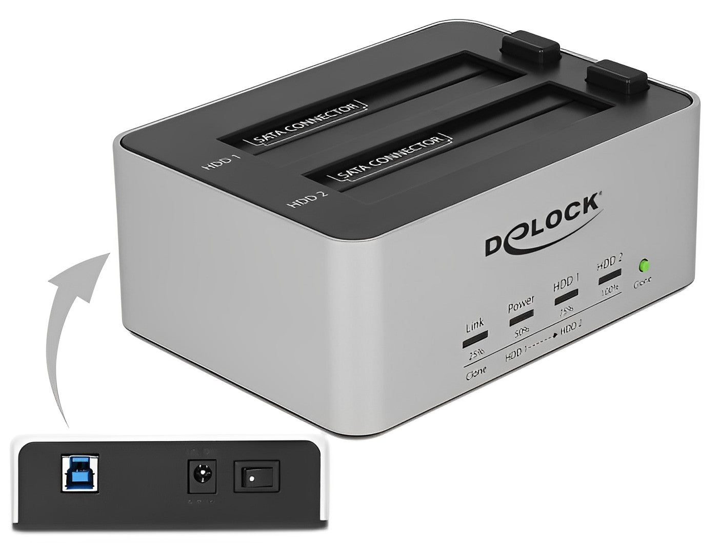 תחנת עגינה USB 3.0 גוף מתכת עבור 2 כונני SATA HDD/SSD 2.5″/ 3.5″ עם פונקציית שכפול - delock.israel