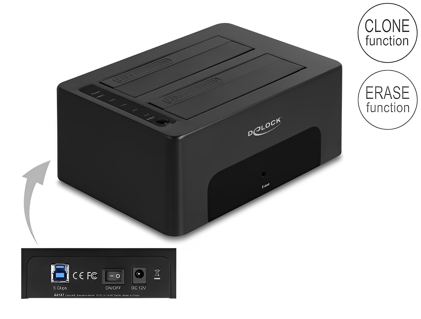 תחנת עגינה USB 5Gbps עבור 2 כונני SATA HDD/SSD 2.5″/ 3.5″ עם פונקציית שכפול ומחיקה - delock.israel