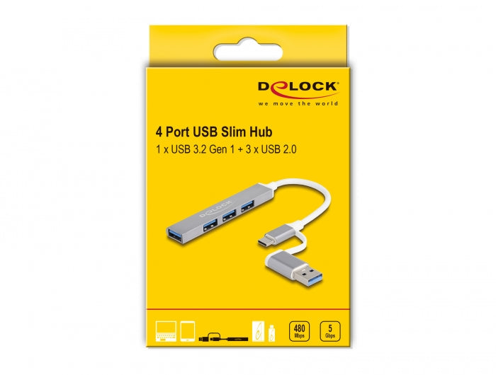 מפצל USB-C Slim עם 3 יציאות USB-A 480Mbps + יציאת USB-A 5Gbps - delock.israel