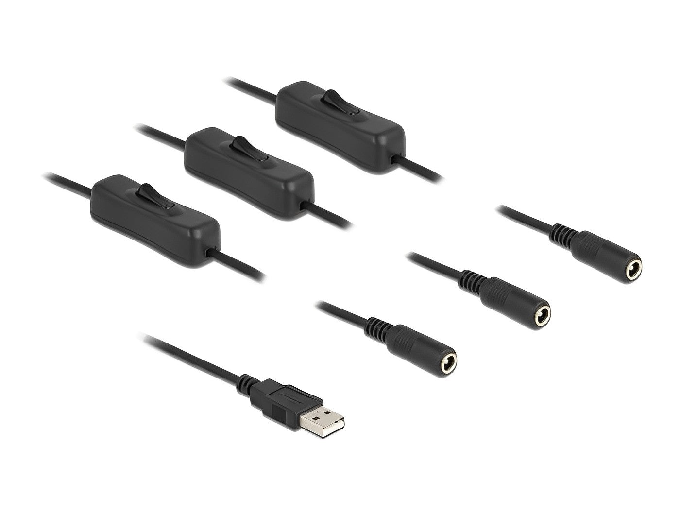 כבל חשמל תקע USB-A ל- 3 שקעים DC 5.5x2.1 עם מפסקים אורך 1 מטר - delock.israel