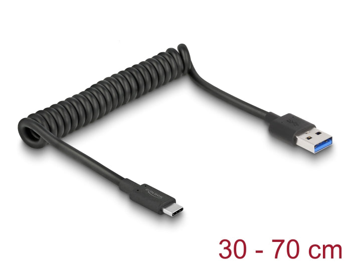 כבל מסולסל USB 10Gbps מבית Delock גרמניה מאפשר חיבור בין מכשיר עם מחבר USB-C למחשב אישי או נייד עם חיבור USB-A פנוי