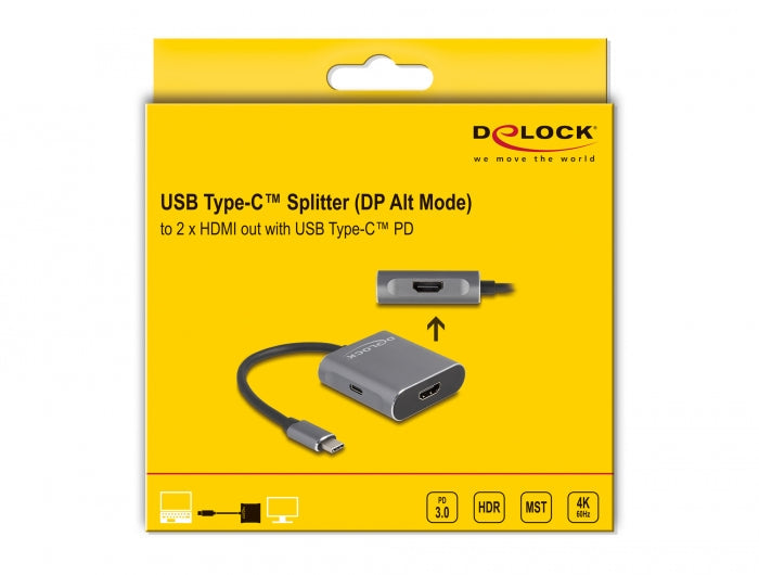 ספליטר USB-C 4K ל- 2 מסכים HDMI MST תומך PD 100Watt - delock.israel