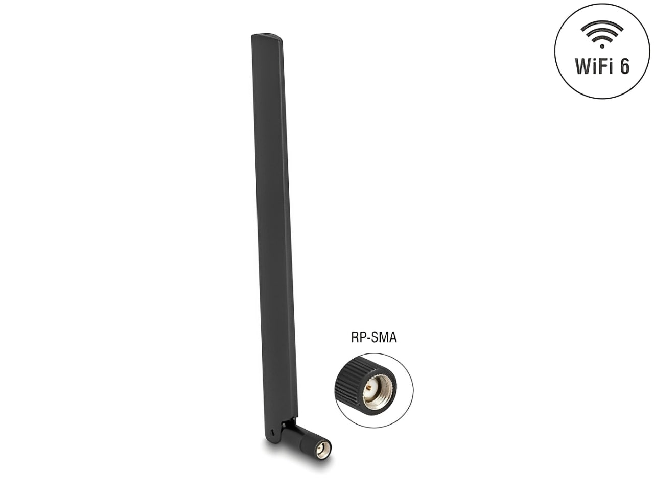 אנטנה איכותית בתקן WiFi 6 מבית Delock גרמניה מיועדת לחיבור למכשיר WLAN עם ממשק RP-SMA לצורך שידור וקליטת אותות אלחוטיים