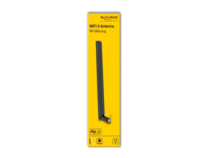 אנטנה איכותית בתקן WiFi 6 מבית Delock גרמניה מיועדת לחיבור למכשיר WLAN עם ממשק RP-SMA לצורך שידור וקליטת אותות אלחוטיים