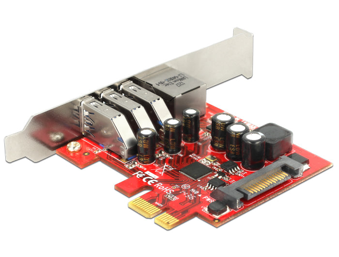 כרטיס PCIe x1 USB 3.0 5Gbps Low profile עם 3 יציאות USB-A + יציאת רשת RJ45 - delock.israel