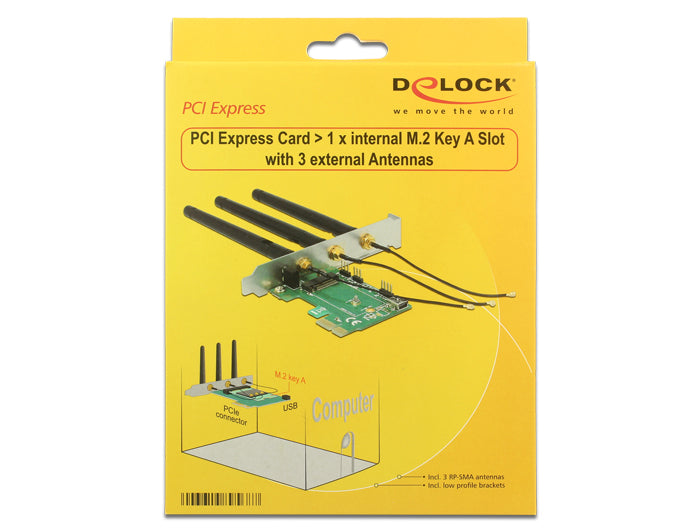 כרטיס PCI-E עבור מודולים M.2/USB משולב עם 3 אנטנות RP-SMA 2dBi - delock.israel