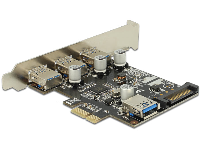 כרטיס PCIe x1 USB 3.0 5Gbps Low profile עם 3 יציאות USB-A חיצוניות + 1 פנימית צ'יפ VLI - delock.israel