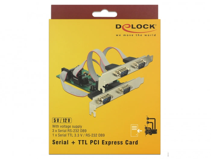 כרטיס PCIe x1 Serial TTL 3.3 V / RS-232 Low profile עם 4 יציאות DB9 צ'יפ WCH - delock.israel