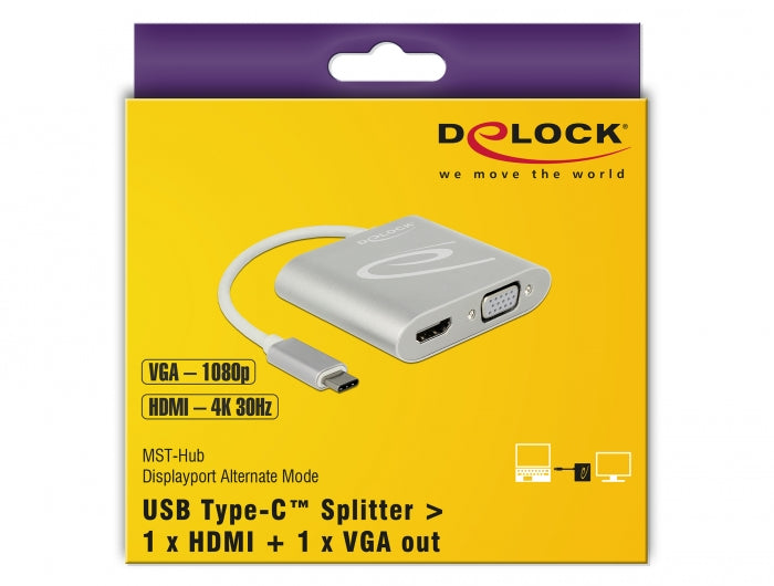 ספליטר USB-C 4K ל- 2 מסכים HDMI + VGA MST - delock.israel