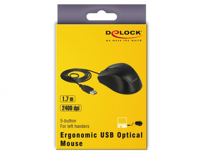 עכבר אופטי ארגונומי USB ליד שמאל עם 5 לחצנים - delock.israel