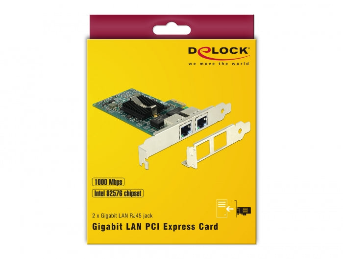 כרטיס רשת קווי PCIe x1 Gigabit Low profile עם 2 יציאות RJ45 צ'יפ אינטל i82576 - delock.israel