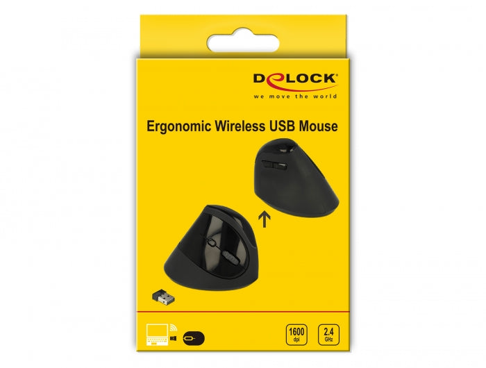 עכבר אנכי ארגונומי אלחוטי USB-A 2.4 GHz עם 6 לחצנים צבע שחור - delock.israel