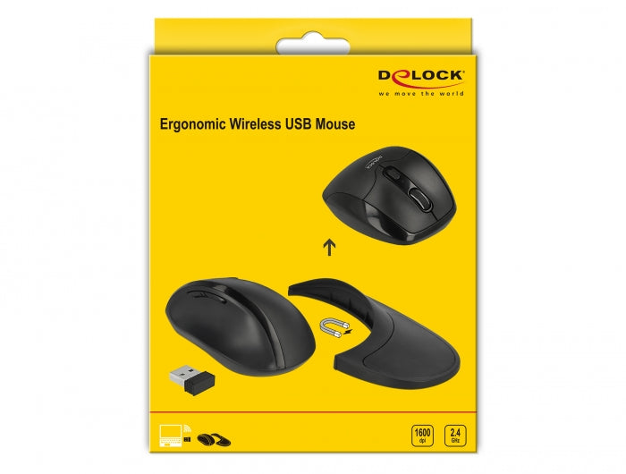 עכבר ארגונומי אלחוטי USB-A 2.4 GHz עבור יד ימין כולל משענת כף יד - delock.israel