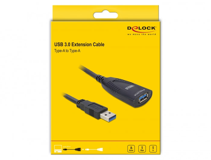 כבל מאריך אקטיבי USB-A 3.0 5Gbps ז/נ אורך 5 מטר - delock.israel