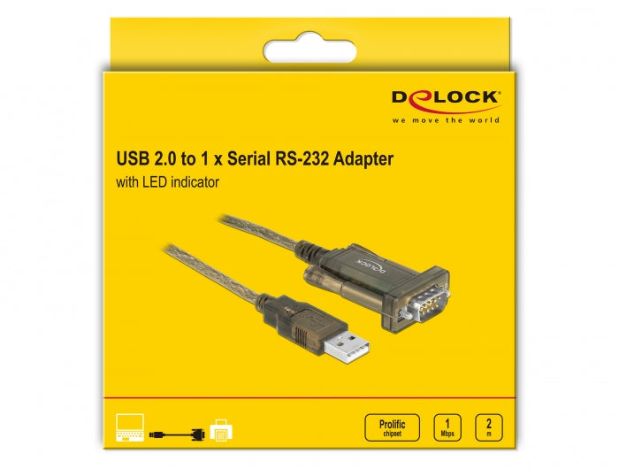 ממיר USB לתקע DB9 Serial RS-232 עם 3xLED צ'יפ Prolific אורך 2 מטר - delock.israel