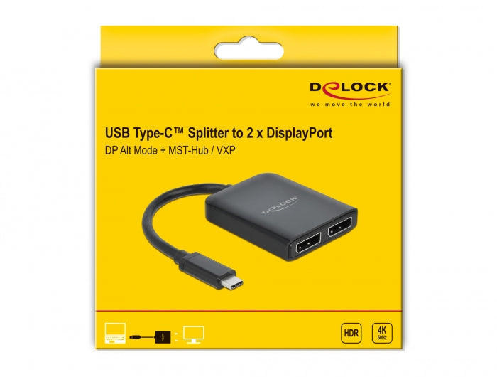 ספליטר USB-C 4K ל- 2 מסכים DisplayPort MST / VXP תומך HDR - delock.israel