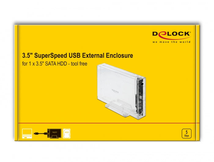 מארז חיצוני שקוף USB-C 3.2 Gen 1 עבור כונן דיסק 3.5″SATA HDD/SSD 10TB ללא כלי עבודה - delock.israel
