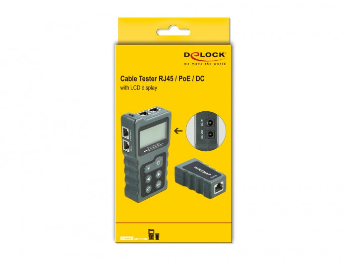 טסטר מקצועי LCD לבדיקת כבלי רשת RJ45 / PoE / DC - delock.israel