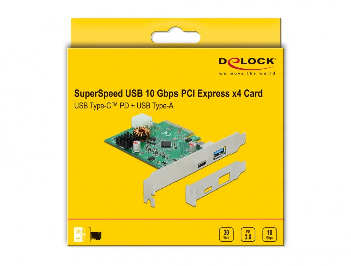 כרטיס PCIe x4 USB 3.2 Gen2 PD 30 Watt 20 V Low profile עם 2 יציאות USB צ'יפ Asmedia - delock.israel