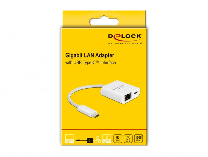 מתאם רשת USB-C לשקע RJ45 Gigabit 10/100/1000 תומך PD 60 W- delock.israel